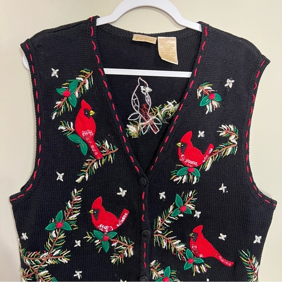 Vintage Bobbie Brooks Christmas Cardinal Holiday Embroidered Sweater Vest sz XL - Picture 2 of 9